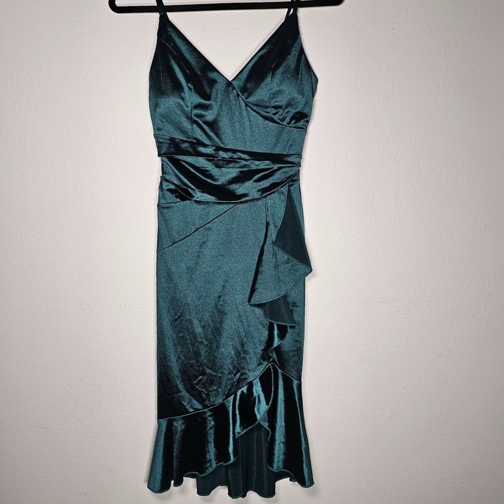Womens Small Y2k Inspired Emerald Green Satin Wrap Cocktail Dress READ